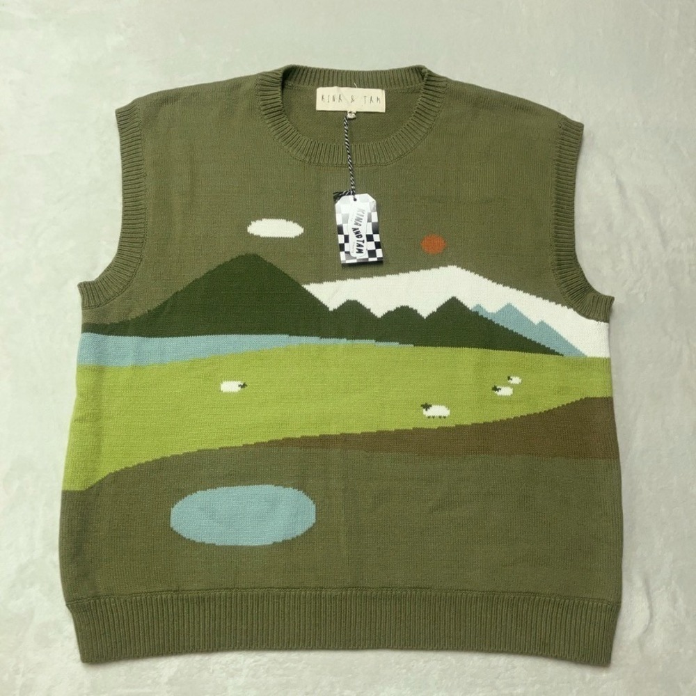 NWT Kina and Tam Homestead Olive Landscape Scenic Sweater Vest Womens Size 4XL